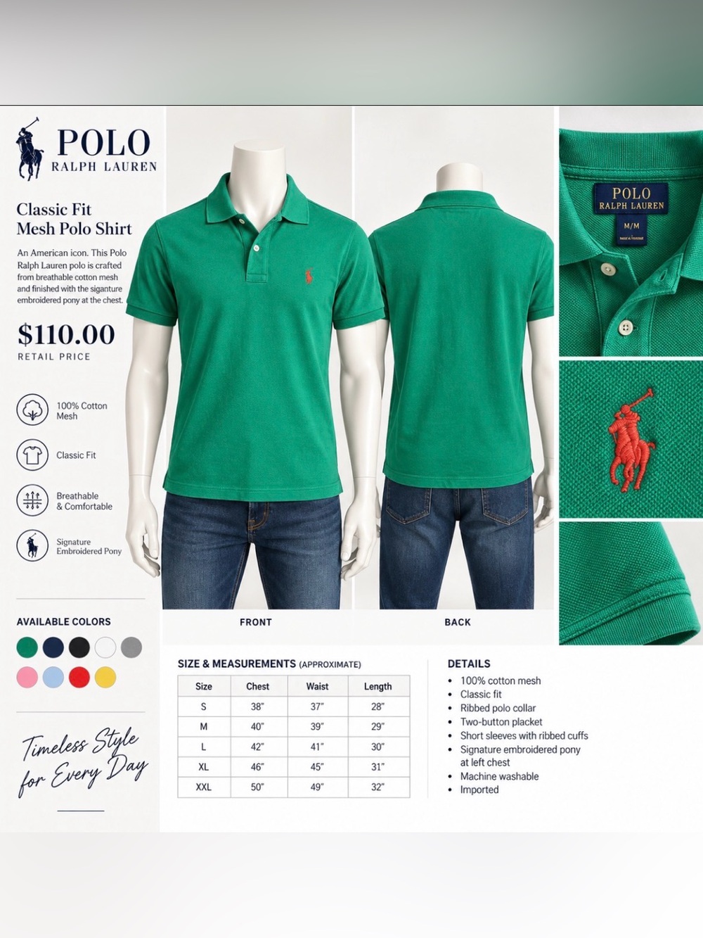 Polo by Ralph Lauren Green Short Sleeve Polo Shirt, Size S Classic Fit